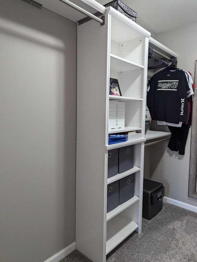 walk in closet featuring dark colored carpet