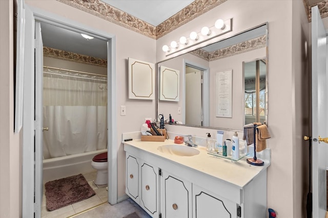 full bathroom featuring tile patterned flooring, vanity, shower / bath combination with curtain, and toilet