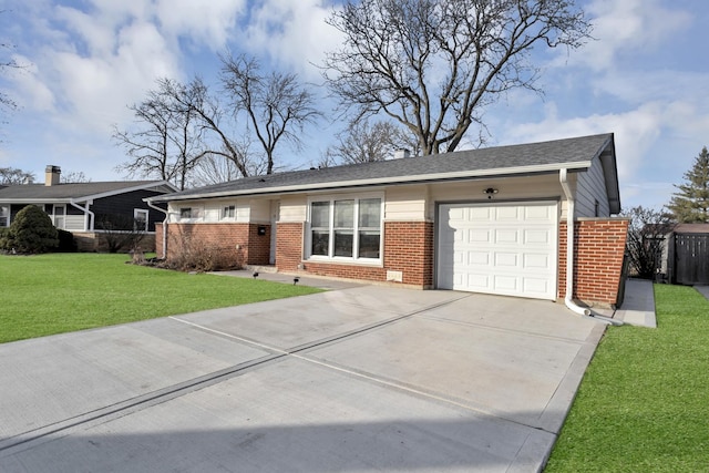 single story home featuring a garage and a front lawn