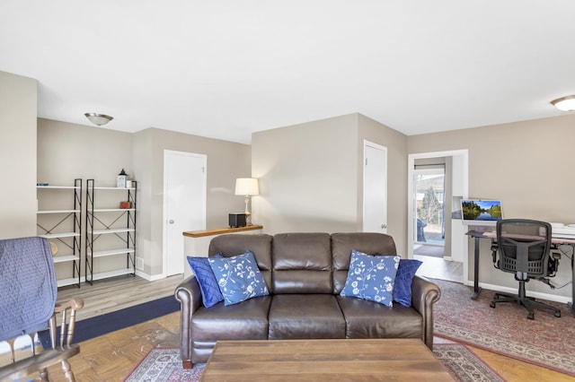 living room with parquet floors