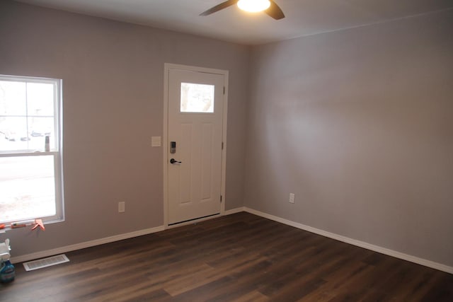 entryway with dark hardwood / wood-style floors, a wealth of natural light, and ceiling fan