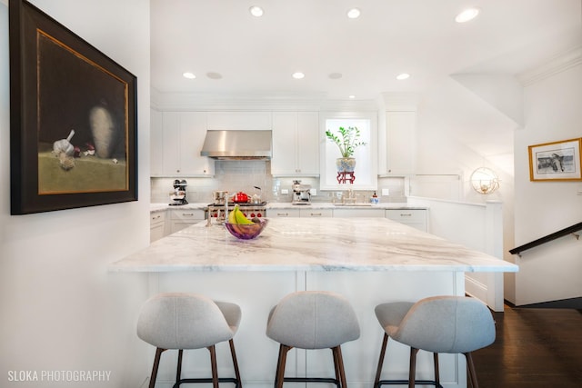 kitchen featuring white cabinetry, ventilation hood, light stone counters, and backsplash