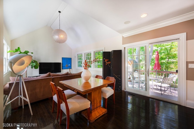 dining area featuring lofted ceiling, dark hardwood / wood-style floors, and a wealth of natural light