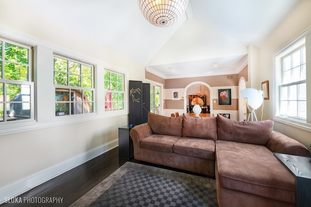 living room with dark wood-type flooring and high vaulted ceiling