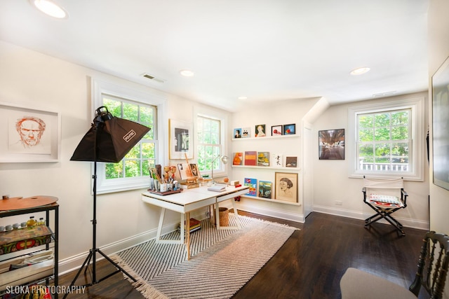 office space featuring a healthy amount of sunlight and dark hardwood / wood-style floors