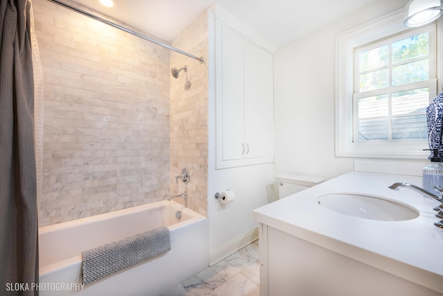 bathroom featuring vanity and shower / bath combo with shower curtain