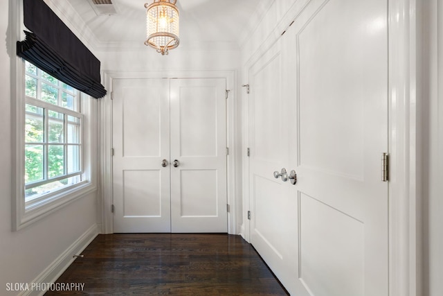 corridor featuring crown molding and dark hardwood / wood-style flooring