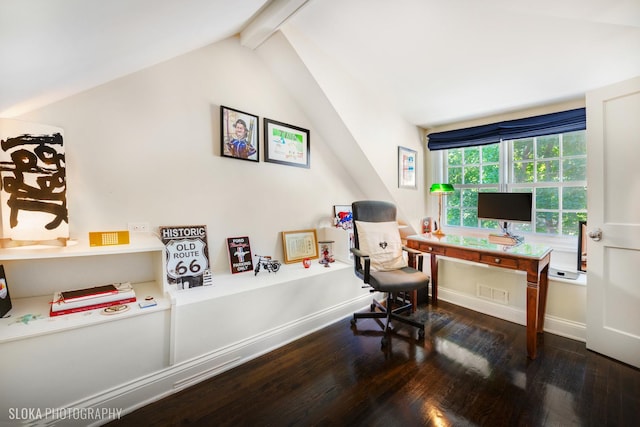 office area featuring dark wood-type flooring and lofted ceiling with beams