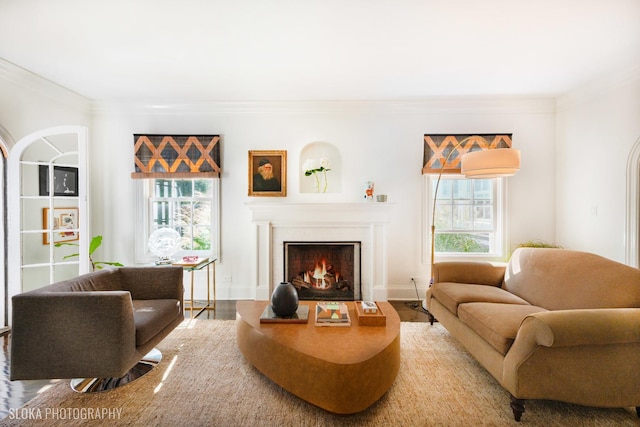 living room featuring crown molding, plenty of natural light, and a fireplace