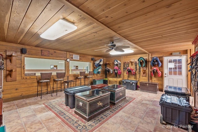 interior space featuring wood ceiling, ceiling fan, and wooden walls