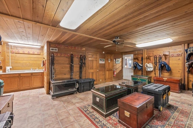 game room featuring ceiling fan, wooden ceiling, sink, and wooden walls