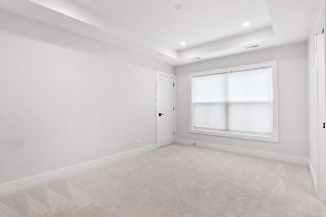 carpeted empty room featuring a raised ceiling