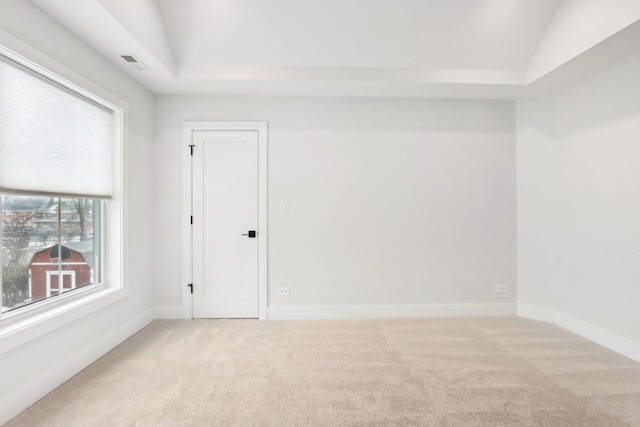 unfurnished room featuring lofted ceiling, carpet, and a tray ceiling