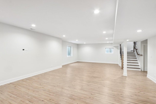 basement with light wood-type flooring