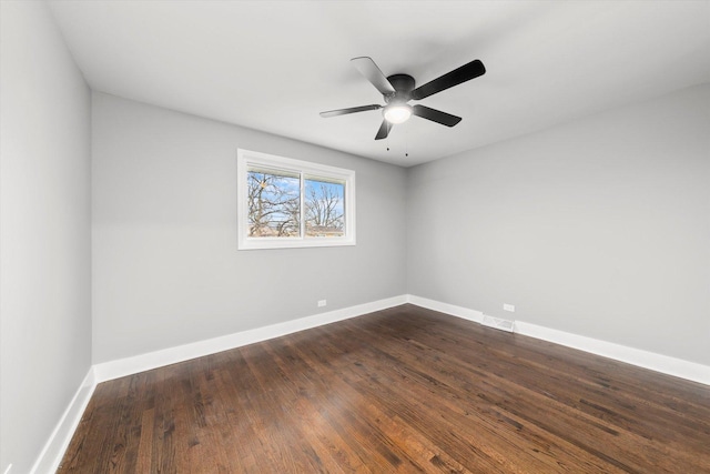 empty room featuring ceiling fan and dark wood-type flooring