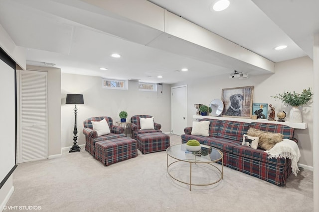 living room featuring light colored carpet