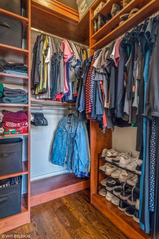 walk in closet with dark wood-type flooring