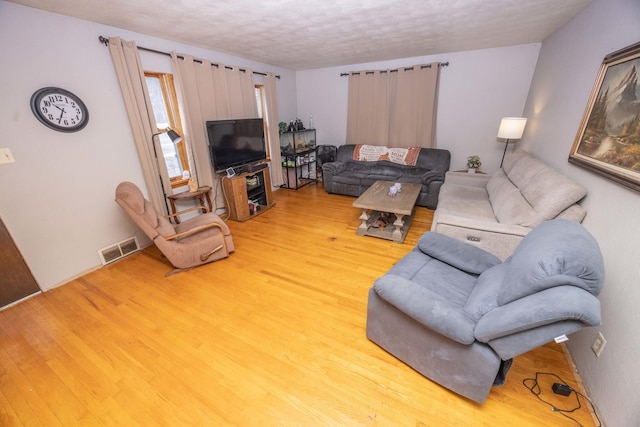 living room featuring hardwood / wood-style flooring and a textured ceiling