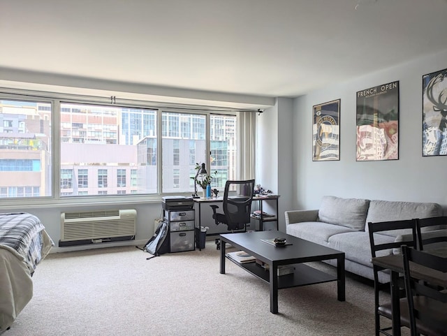 carpeted living room with a wall mounted AC