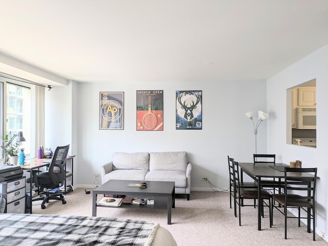 living room with light colored carpet