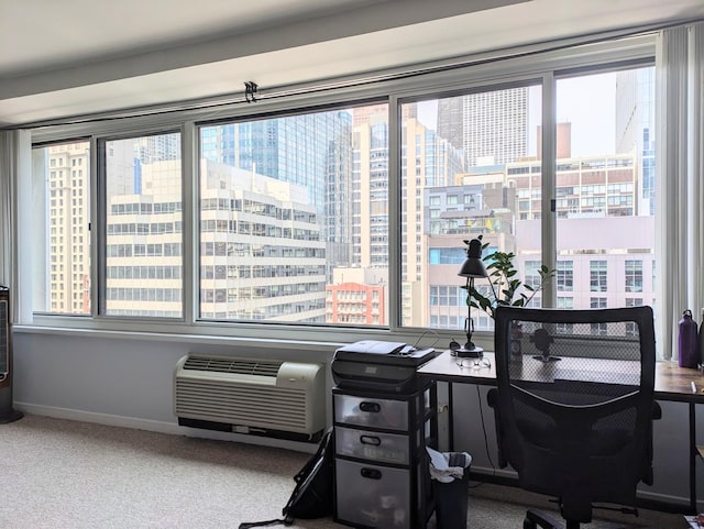 carpeted home office with a wall unit AC