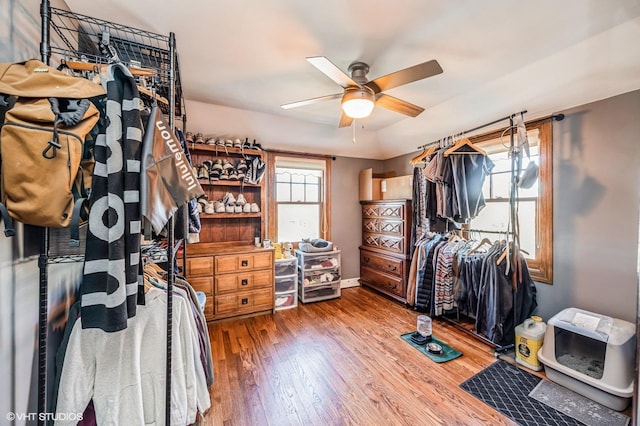 spacious closet with ceiling fan and wood-type flooring