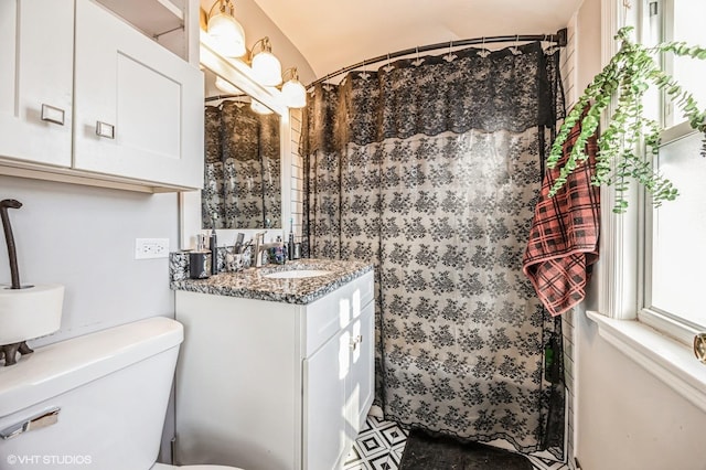 bathroom featuring vanity, toilet, and walk in shower