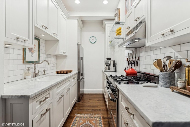 kitchen with dark hardwood / wood-style floors, white cabinetry, sink, high end appliances, and light stone countertops