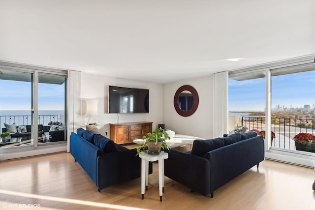 living room featuring a water view, a wall of windows, a healthy amount of sunlight, and light hardwood / wood-style floors