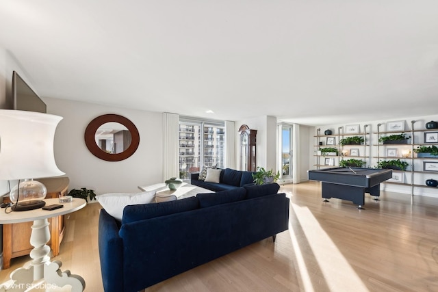 living room with pool table and light hardwood / wood-style floors