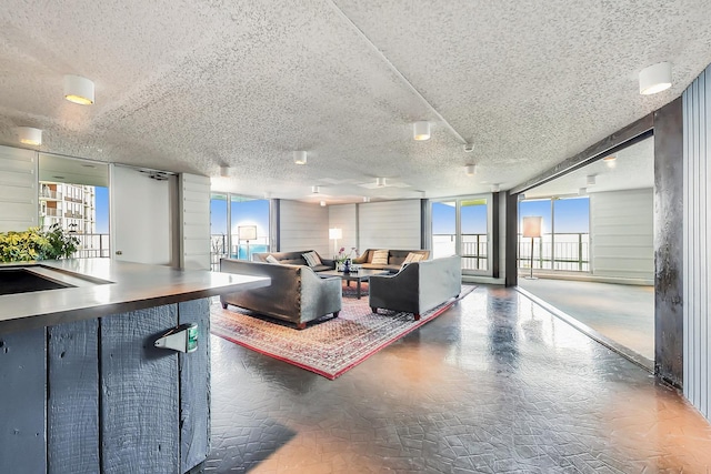 living room with expansive windows, sink, and a textured ceiling