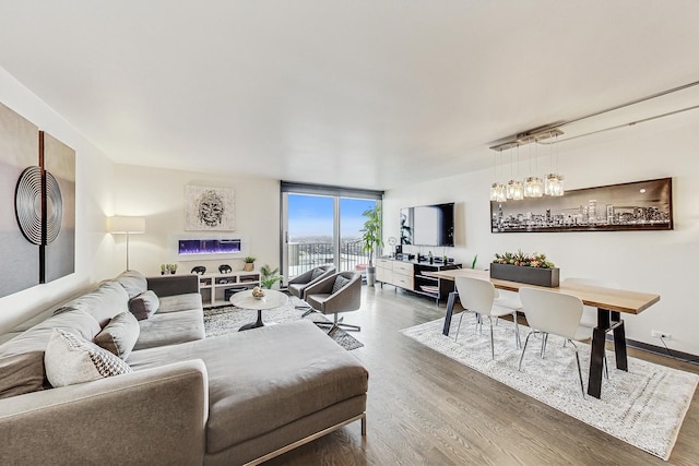 living room featuring floor to ceiling windows and dark hardwood / wood-style floors