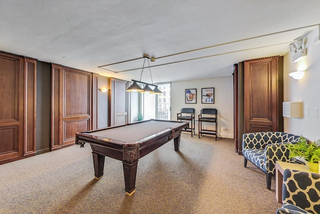 game room with light colored carpet and pool table