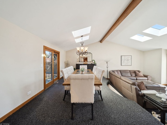 carpeted dining space featuring a chandelier, lofted ceiling with skylight, and baseboards