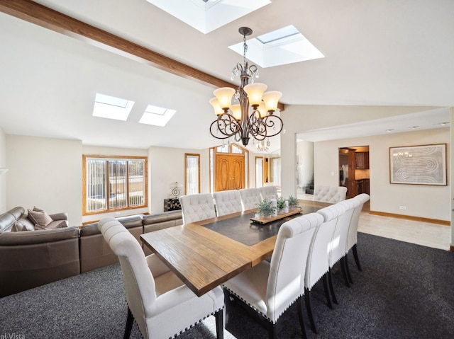 dining area with lofted ceiling with beams, an inviting chandelier, baseboards, and carpet floors