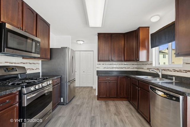 kitchen with appliances with stainless steel finishes, sink, backsplash, and light wood-type flooring