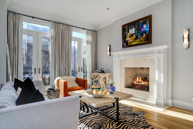 living room featuring light hardwood / wood-style floors, french doors, and a healthy amount of sunlight