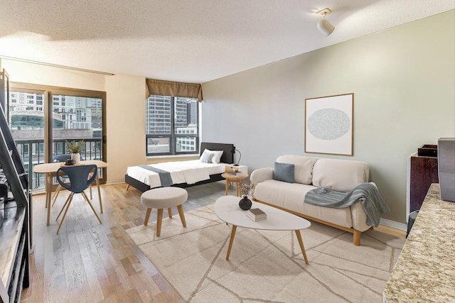 living room with wood-type flooring and a textured ceiling