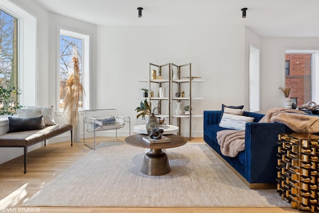 living area with light hardwood / wood-style flooring