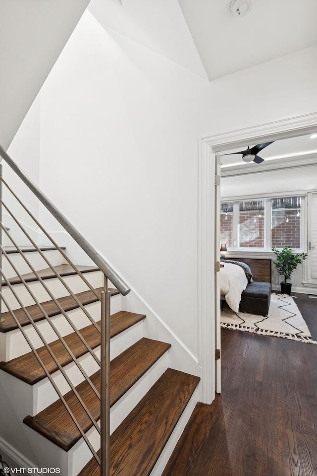 stairs featuring hardwood / wood-style floors