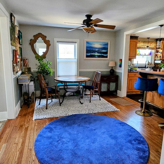 dining room featuring ceiling fan and wood-type flooring