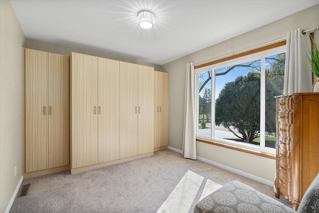 unfurnished bedroom with a closet and light carpet