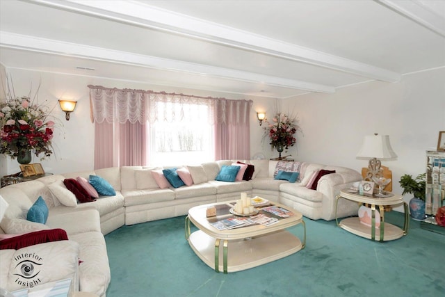 carpeted living room featuring beamed ceiling