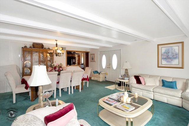 living room featuring a chandelier, beamed ceiling, and dark carpet