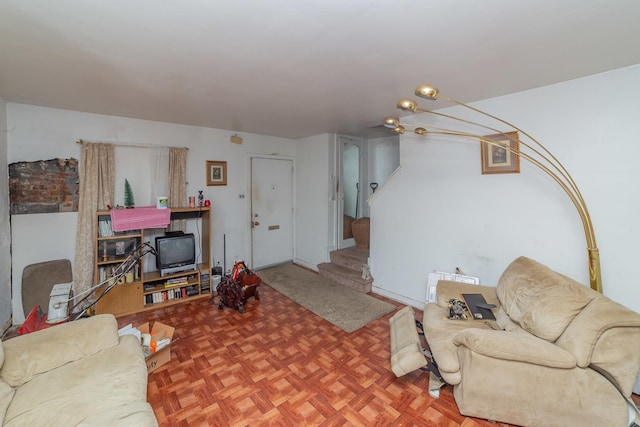 living room with parquet flooring