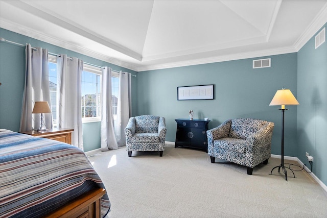 bedroom featuring a tray ceiling, crown molding, lofted ceiling, and carpet flooring