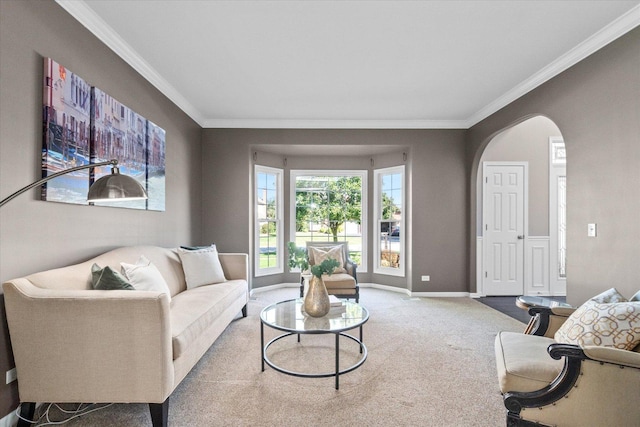 living room featuring ornamental molding and carpet floors