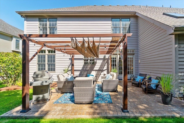 view of patio with grilling area, outdoor lounge area, a pergola, and a deck