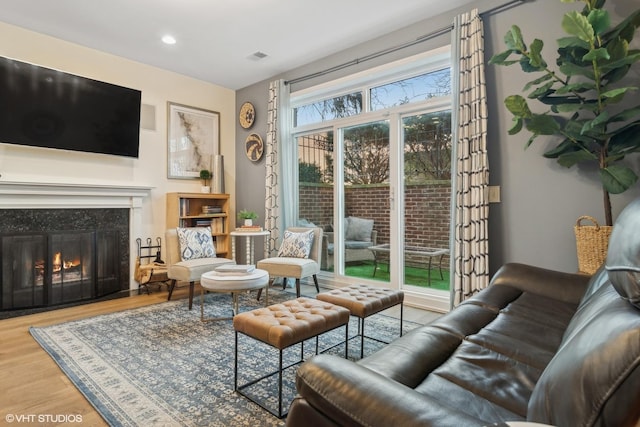 living room featuring wood-type flooring and a high end fireplace