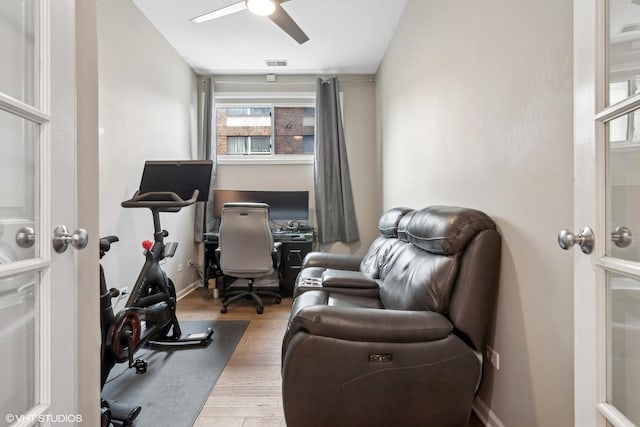 office area featuring hardwood / wood-style flooring and ceiling fan